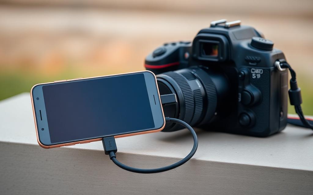 Smartphone mounted horizontally on a DSLR via USB