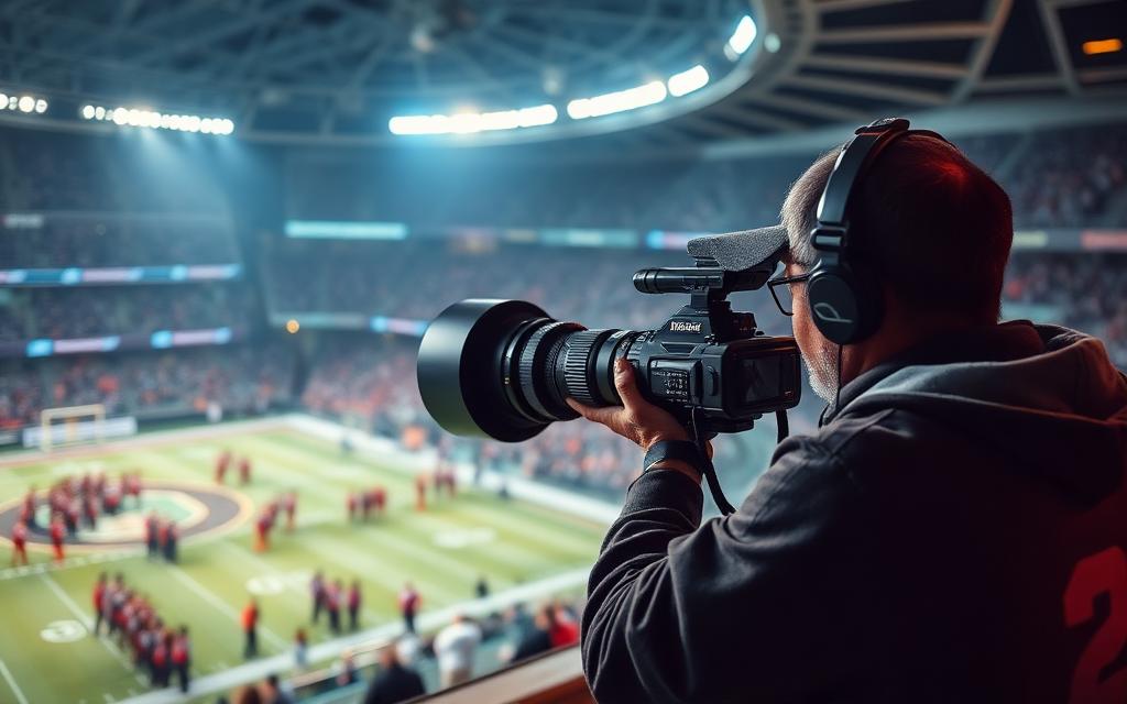 Sports photographer with long lens at a stadium