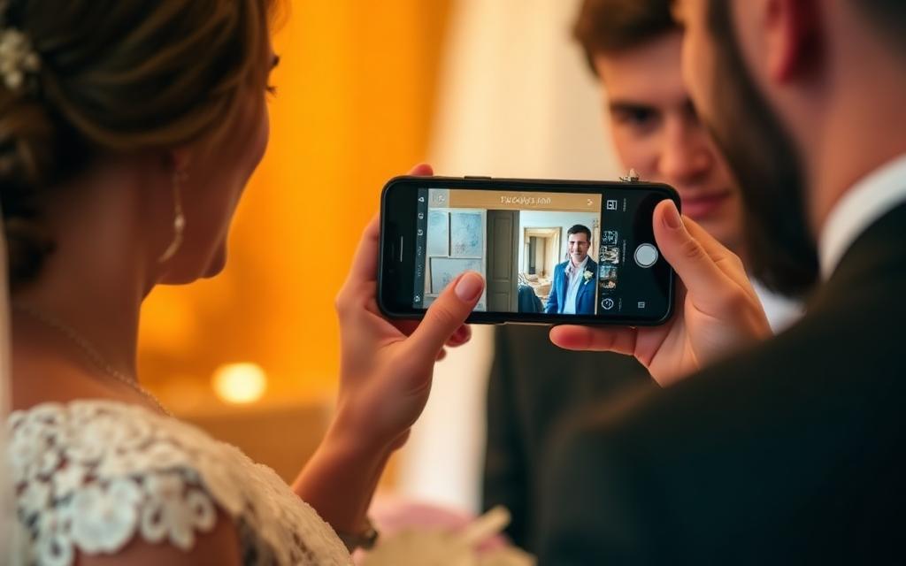 Photographer showing instant photo to a smiling bride