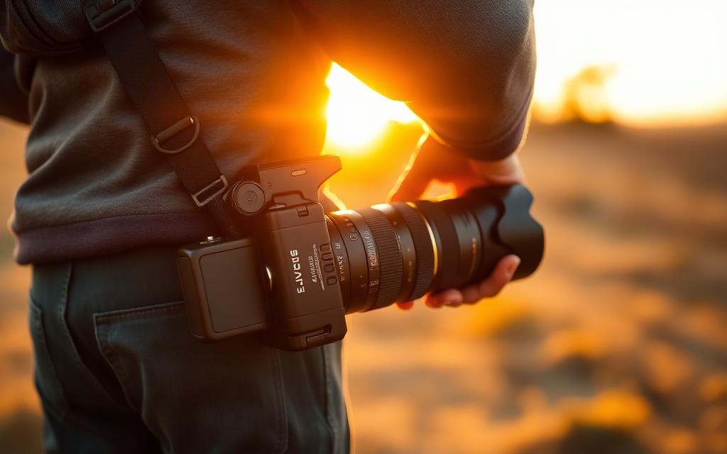 Photographer packing camera gear at golden hour
