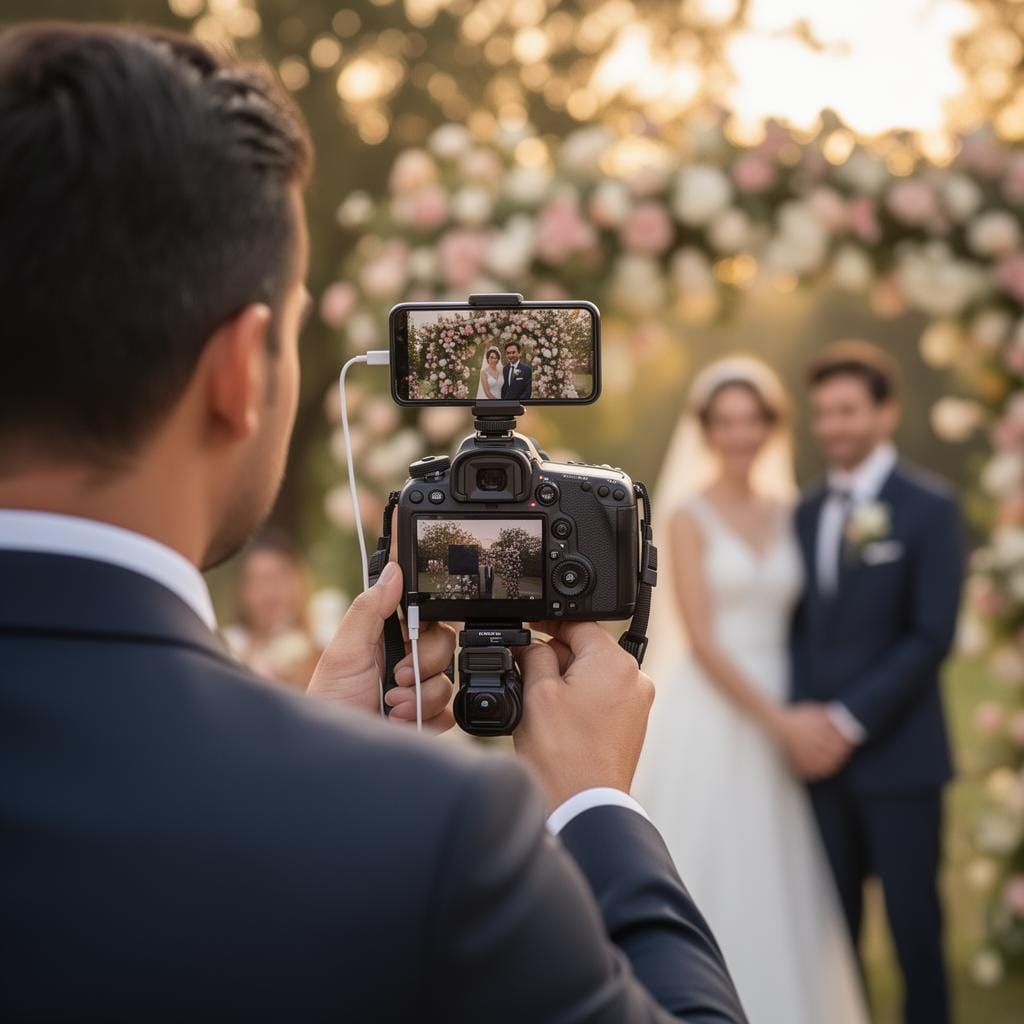 Wedding photographer with phone horizontally mounted on camera